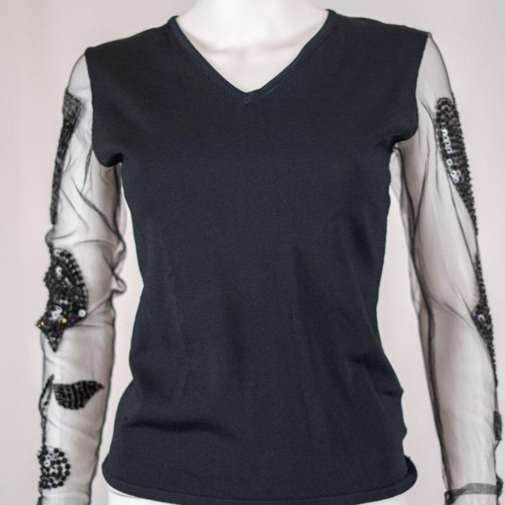 Versace Jeans Black Mesh Beaded Long-Sleeve Top
